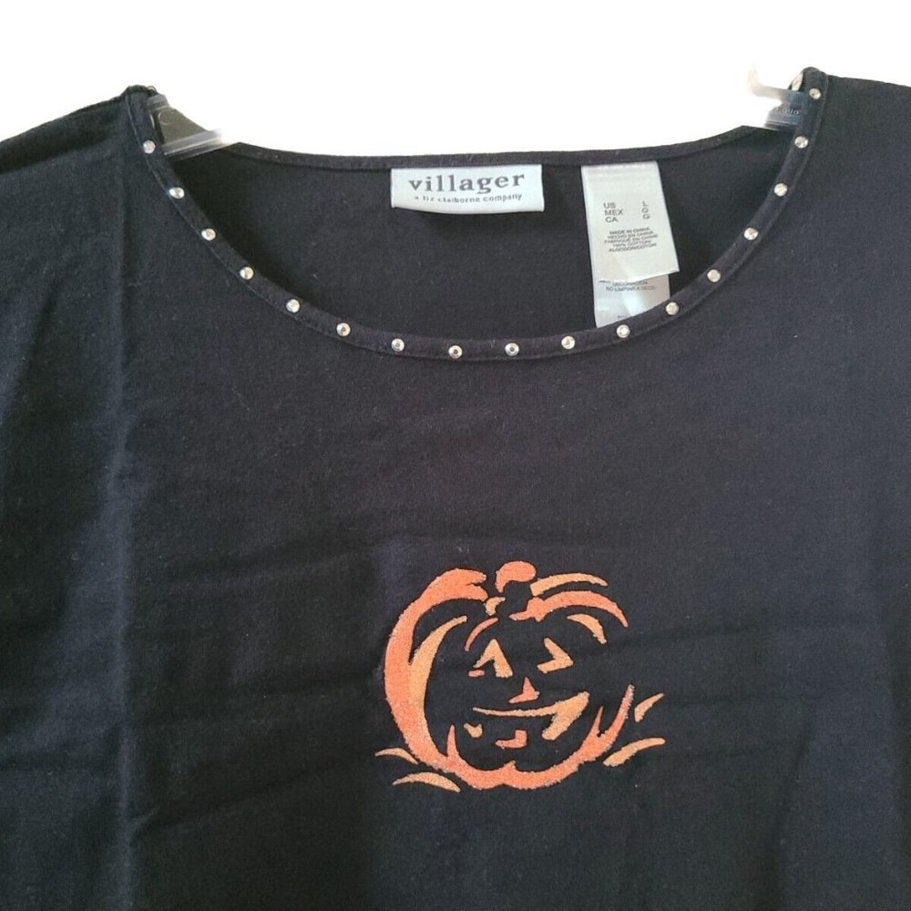 Villager Black Long Sleeve Halloween Pumpkin Rhinestone Top L